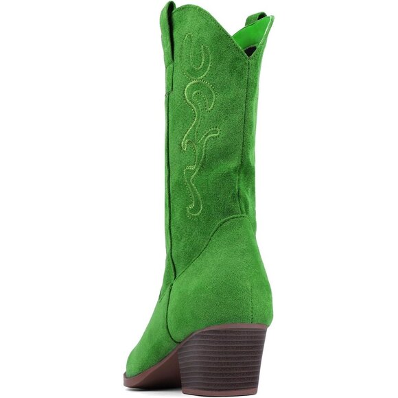 Women Light-green Suede Mid Calf Chunky Block Heel Western Embroidered Boot - Picture 4 of 7